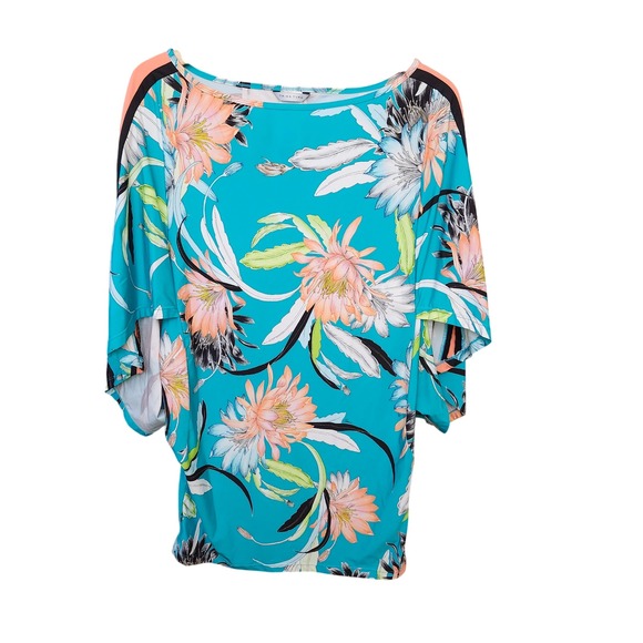 Trina‎ Turk Floral Print Dolman Sleeve Tunic Top swim cover-up 0Blue Size Large - Picture 1 of 9